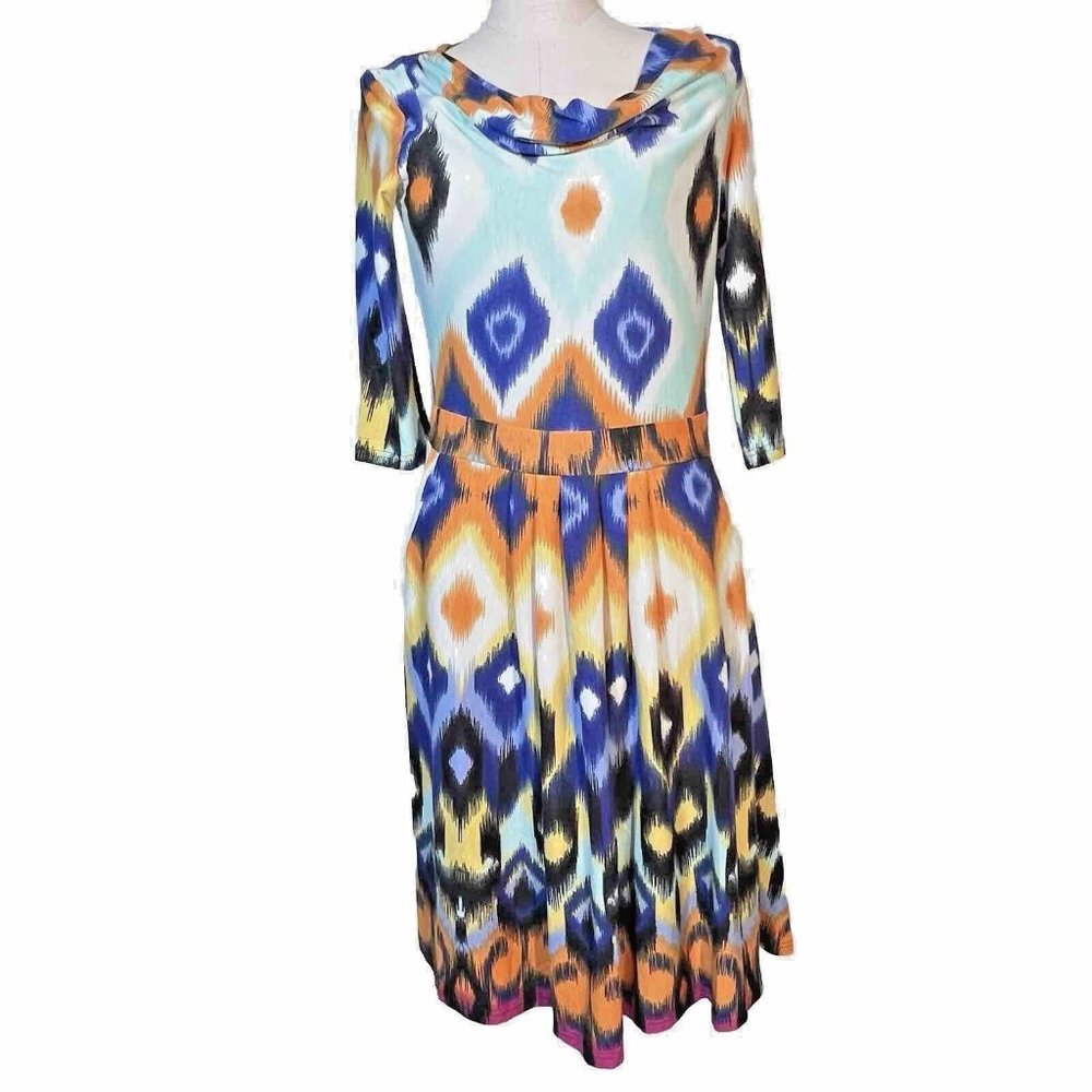 Reborn Fit and Flare Dress Colorful Abstract Print Size XL 3/4 Length Sleeves